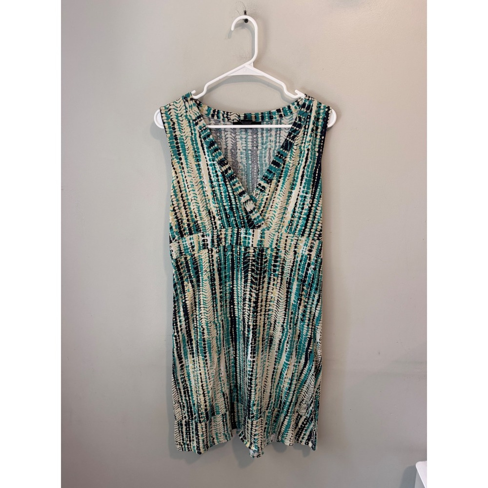Calvin Klein Jeans Womens Teal Black Abstract Print V-Neck Empire Waist Dress L
